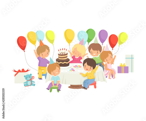 Cute Boys and Girls in Party Hats Sitting at Festive Table with Cake and Colorful Balloons, Happy Birthday Party Celebration Vector Illustration