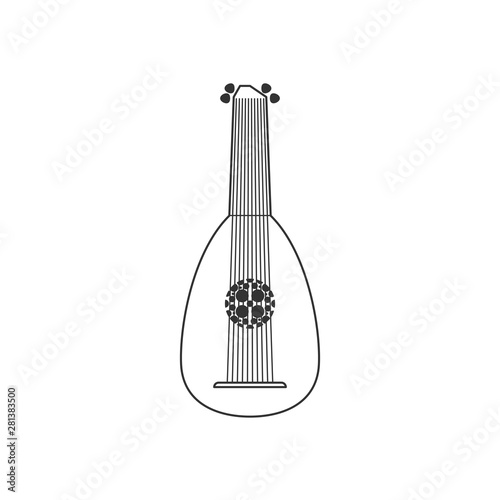 Lute flat black and white icon. Isolated Vector String ill.
