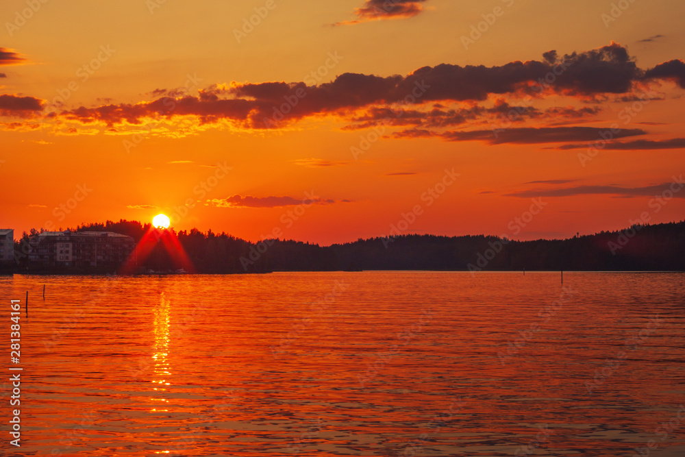 red sunset over the Saima Lake, Lappeenranta, Finland