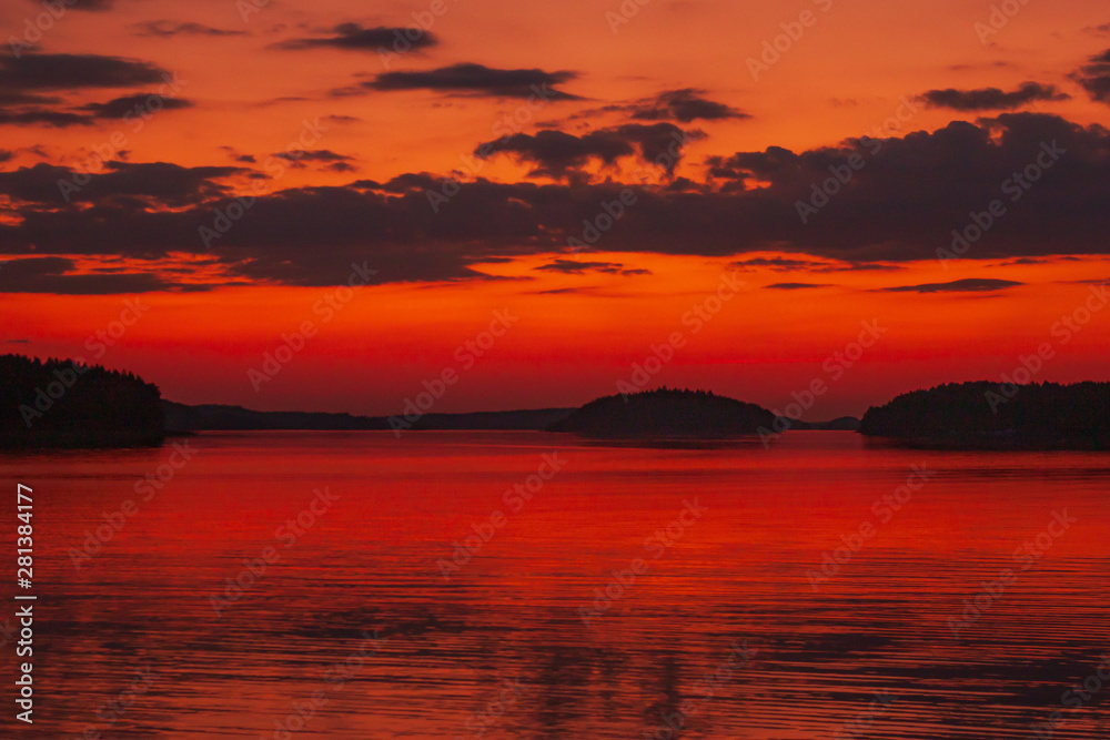 red sunset over the Saima Lake, Lappeenranta, Finland