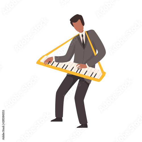 Man Playing Keyboard, Male Jazz Musician Character in Elegant Suit with Musical Instrument Vector Illustration