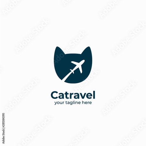 cat travel logo with cat head silhouette shape and flying plane as negative space inside icon symbol illustration for tour and travel pet company