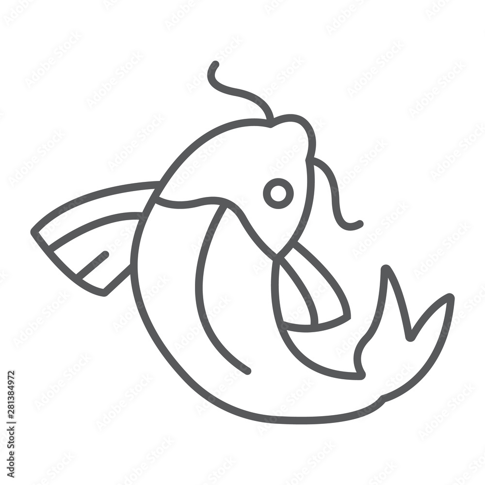 Koi carp thin line icon, food and sea, koi fish sign, vector graphics, a linear pattern on a white background. Koi carp thin line icon, food and sea, koi fish sign, vector graphics, a linear pattern on a white background.