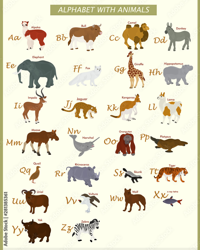 English alphabet with wild animals and their names on a light background.  Stock Vector