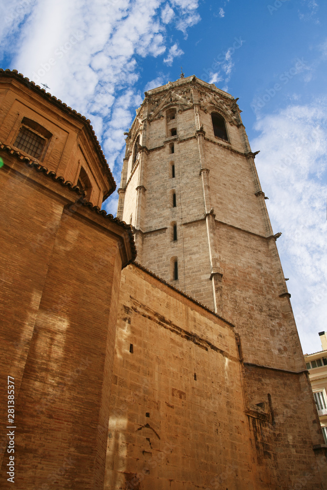 Valencia, Spain - 07/21/2019: Miguelete, Torre del Micalet, El Micalet -  Valencian Gothic-style bell tower of Valencia Cathedral. It is 50.85 metres high. It is situated on Plaza De La Reina.