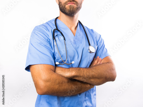 man wearing a blue medical uniform with a stethoscope