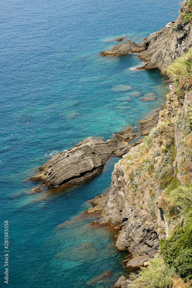 Cliff with the Mediterranean Sea, Cinque Terre National Park, UNESCO world heritage site. Vernazza, La Spezia, Liguria, Italy, Europe