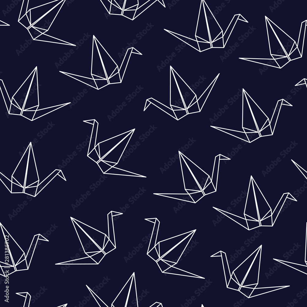 Seamless pattern with Japanese origami cranes  on blue background