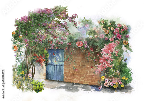 Abstract colorful flowers watercolor painting. Spring  with buildings and walls .