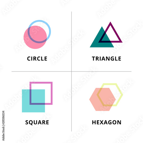 set of logo geometric overlapping isolated on white background. Circle, triangle, square, hexagon symbols.