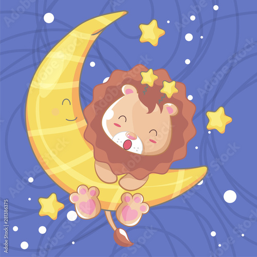 hand drawn happy cute lion with moon for kids