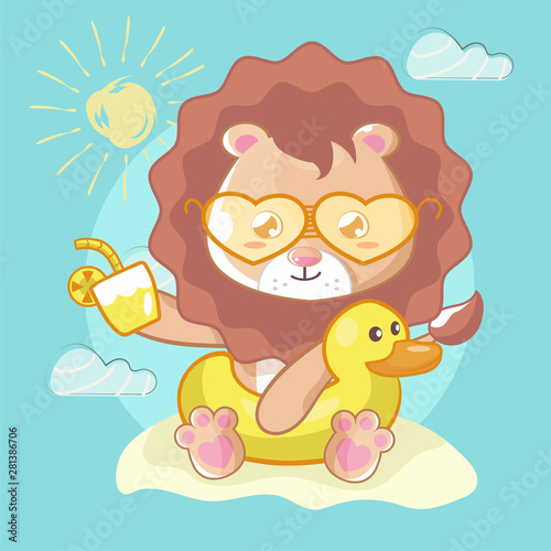 cute lion in the beach illustration for kids