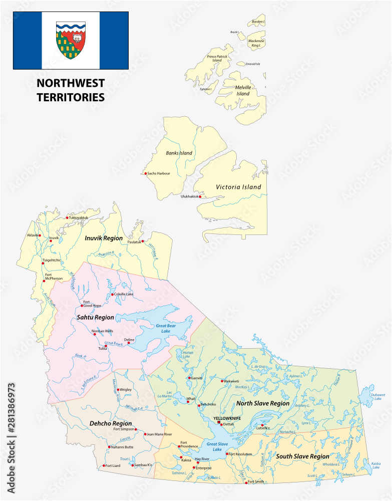 northwest territories political and administrative regions map with flag, canada