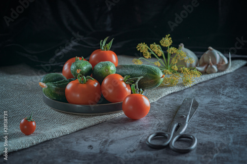 Rustic still life with fresh vegetables: red tomatoes, green cucumbers, garlic, dill on a dark background.