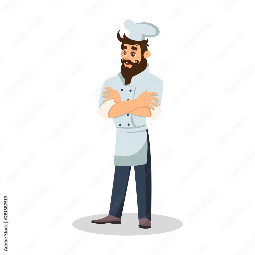 Bearded chef in cook cap. Cheerful waiter. Food server in uniform. Vector cartoon illustration isolated on white background. Bearded chef in cook cap. Cheerful waiter. Food server in uniform. Vector cartoon illustration isolated on white background.
