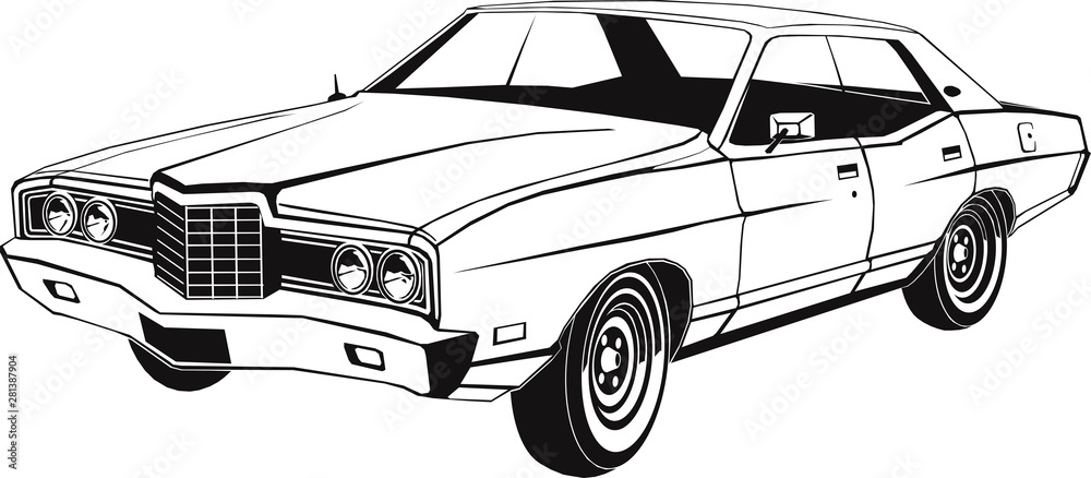 classic full-size american sedan, vector art, 1970s style, isolated, monogram