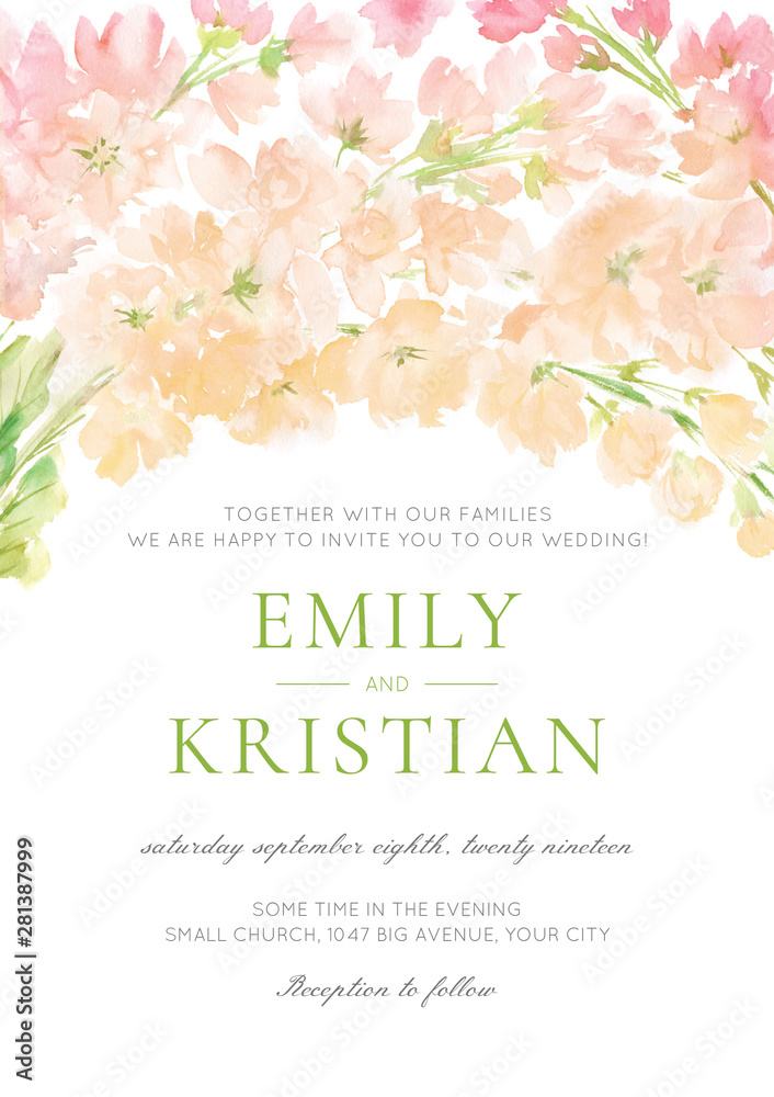Wedding Invitation watercolor peach pink floral design blooming spring garden wreath arrangement pastel color flowers and leaves hand painted background isolated on white 