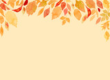 秋の多種多様な色づく葉　水彩 