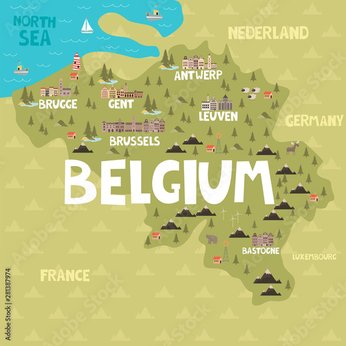 Illustration map of Belgium with city, landmarks and nature. Editable vector illustration