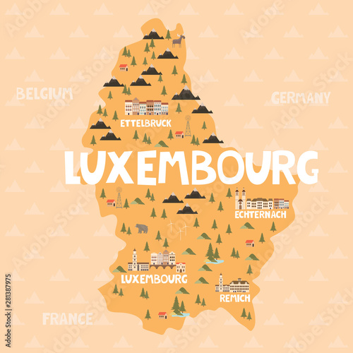 Illustration map of Luxembourg with city, landmarks and nature. Editable vector illustration photo