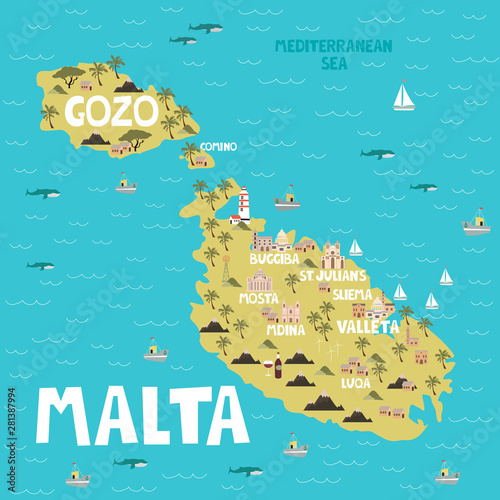 Illustration map of Malta with city, landmarks and nature. Editable vector illustration