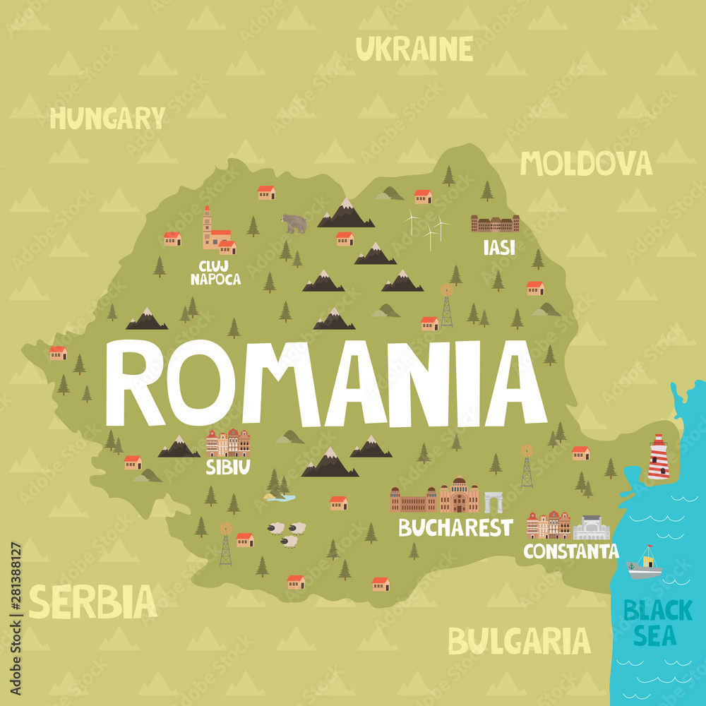 Fototapeta Illustration map of Romania with city, landmarks and nature