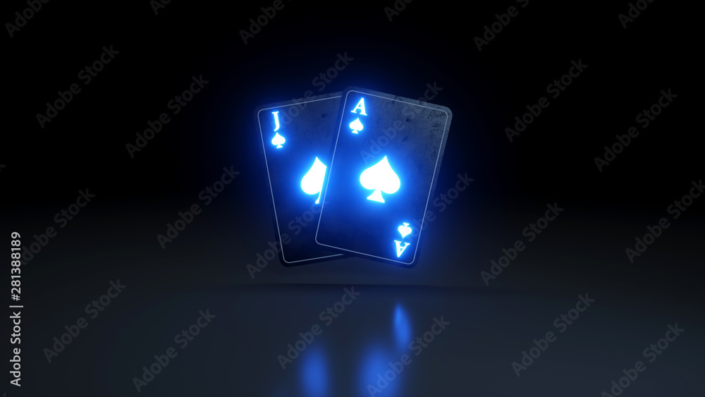 Αυτοκόλλητο Blackjack Poker Cards Casino Concept With Glowing Neon Lights Isolated On The Bl
