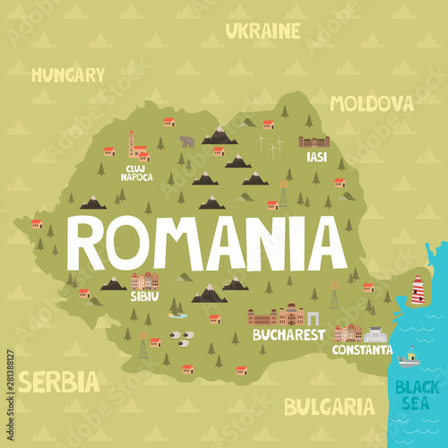 Fotografie Illustration map of Romania with city, landmarks and nature