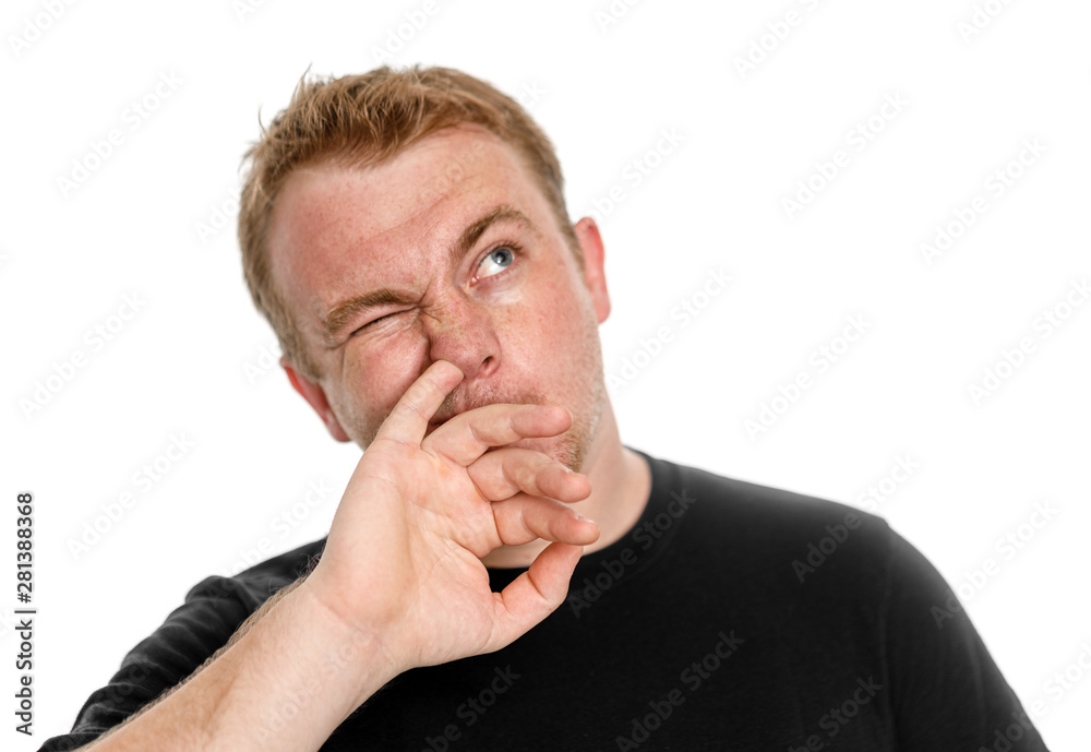 Guy picks his nose isolated on white background