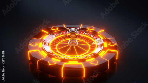 Chips and Roulette Wheel Concept Design. Online Casino Gambling Roulette - 3D Illustration photo