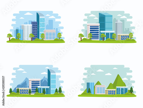 Set of Cityscape buildings and nature scenery