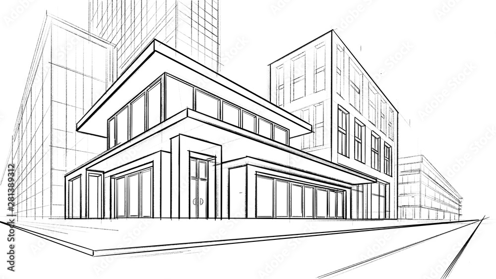 Architectural abstract sketch of a complex of buildings, made by hand. Illustration.