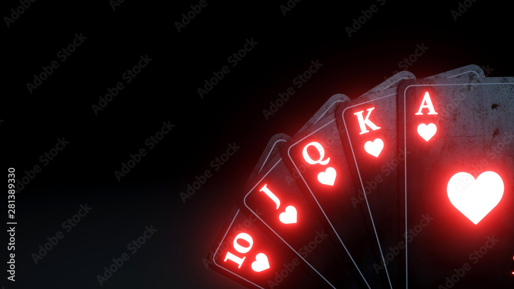 Royal Flush in Hearts Poker Playing Cards With Neon Red Lights Isolated On  The Black Background - 3D Illustration Stock Illustration | Adobe Stock