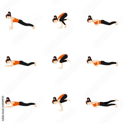 Arm balance yoga poses set/ Illustration stylized woman practicing arm balance yoga postures photo