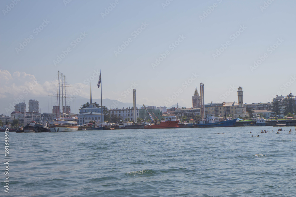 View Of Embankment Of Georgian Resort Town Of Batumi. Sea And Modern Urban Architecture Skyscrapers. View From Sea