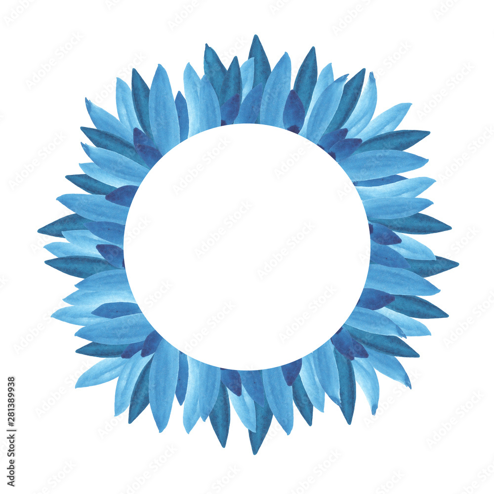 floral greenery card design: branch blue leaves foliage herb round greenery frame.