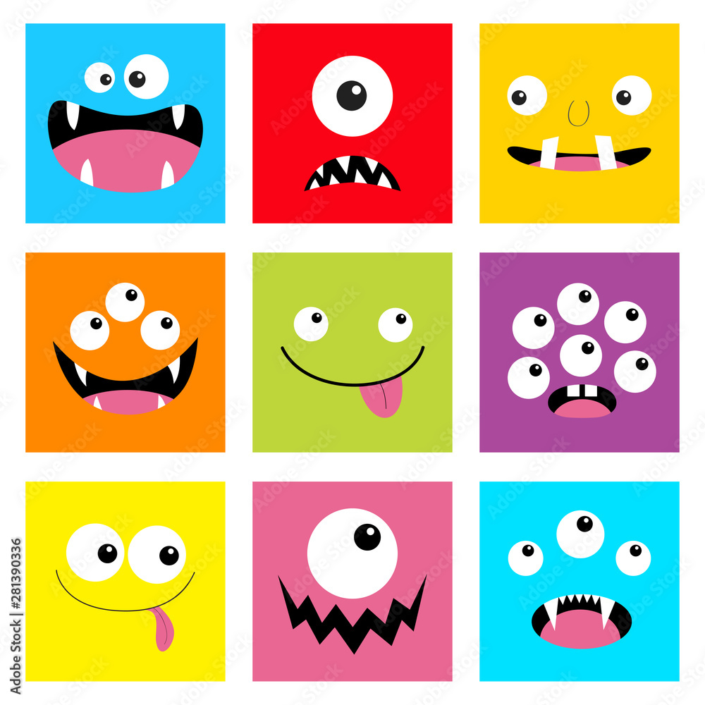 Monster head set. Square head. Boo Spooky Screaming smiling sad face emotion. Three eyes, tongue, teeth fang, mouse.Happy Halloween card. Flat design style. White background.