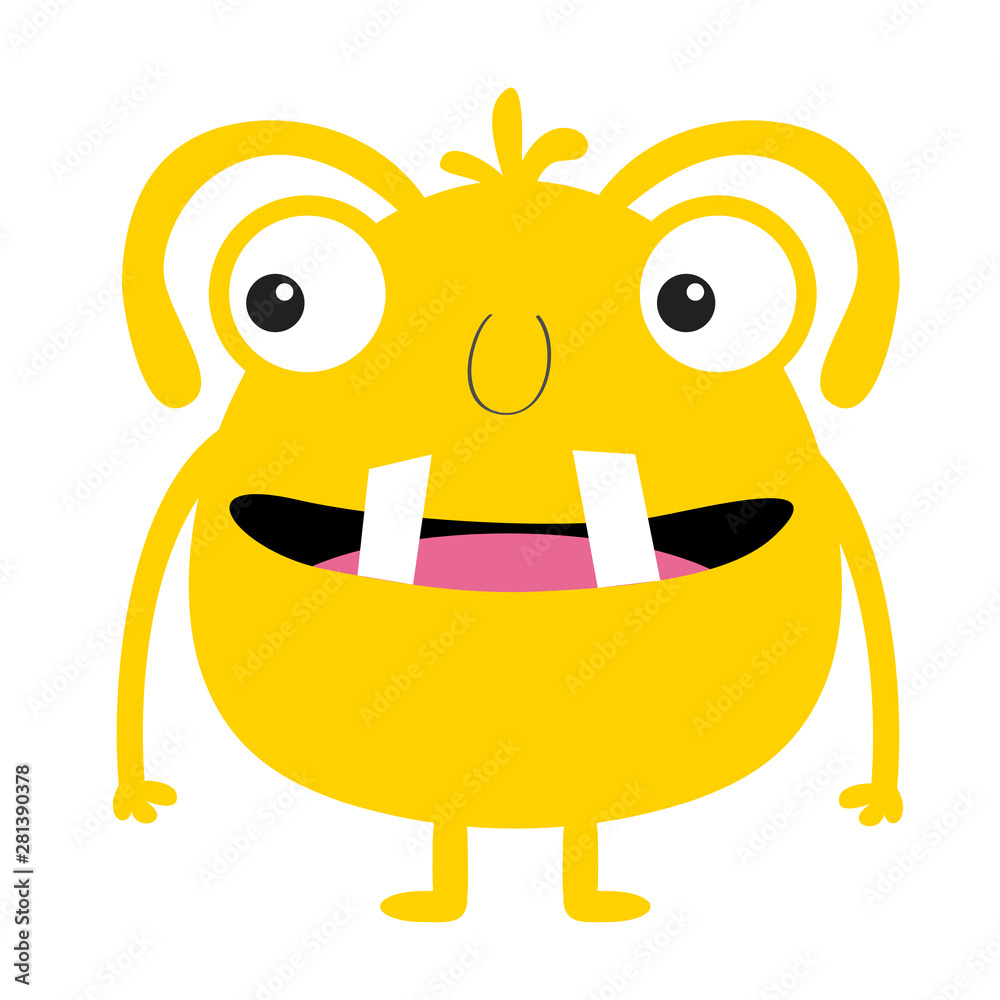 Fototapeta Monster yellow silhouette. Two eyes, tooth tongue, hands. Cute cartoon kawaii scary funny character. Baby collection.Happy Halloween. White background. Isolated. Flat design.