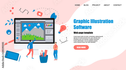 Webpage Template. Flat vector graphic drawing concept with open illustration application with a creative project 