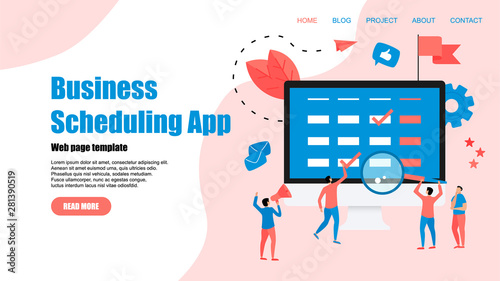 Webpage Template. Flat design business scheduling app on laptop computer with events, reminders and planning	