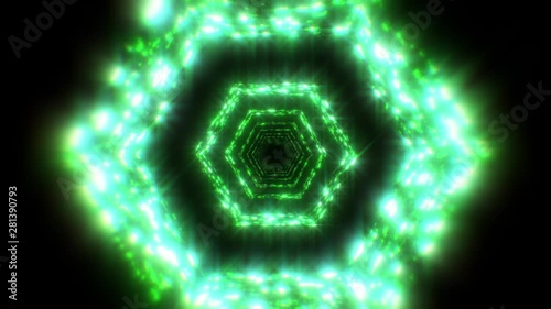abstract 3d render seamless background, looped animation,  moving forward inside endless tunnel, green hexagon