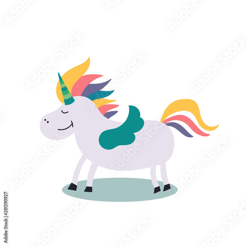 Fairy-tale character rainbow unicorn with wings. Fairy tales. Editable Vector Illustration