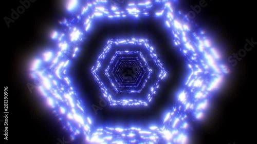 abstract 3d render seamless background, looped animation,  moving forward inside endless tunnel, blue, violet, turquoise, white hexagon