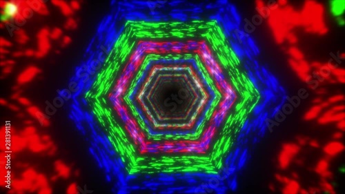 abstract 3d render seamless background, looped animation,  moving forward inside endless tunnel, RGB, red, green, blue hexagon