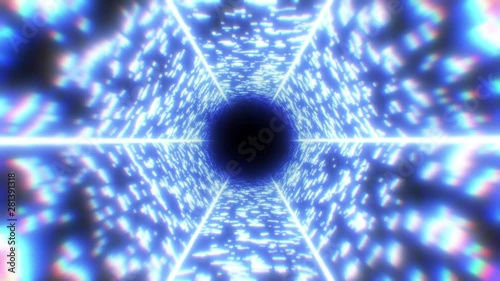 abstract 3d render seamless background, looped animation,  moving forward inside endless tunnel, Blue, Violet, Turquoise, White hexagon