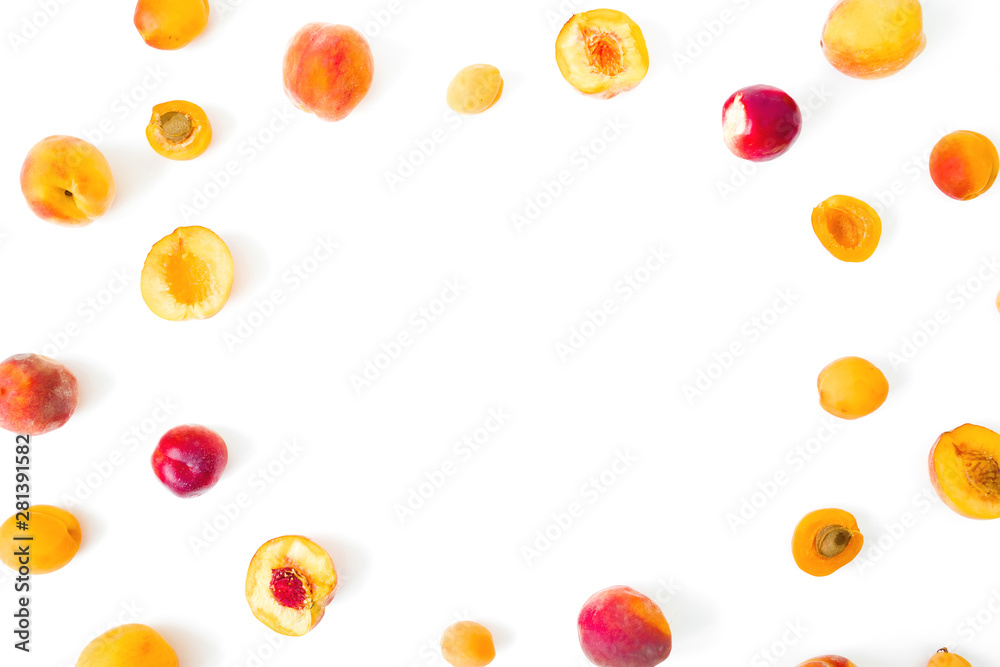 Ripe peaches with apricotes isolated on white background. Food frame. Top view. Flat lay Ripe peaches with apricotes isolated on white background. Food frame. Top view. Flat lay