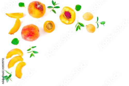 Ripe peaches with leaves isolated on white background. Top view. Flat lay with copy space