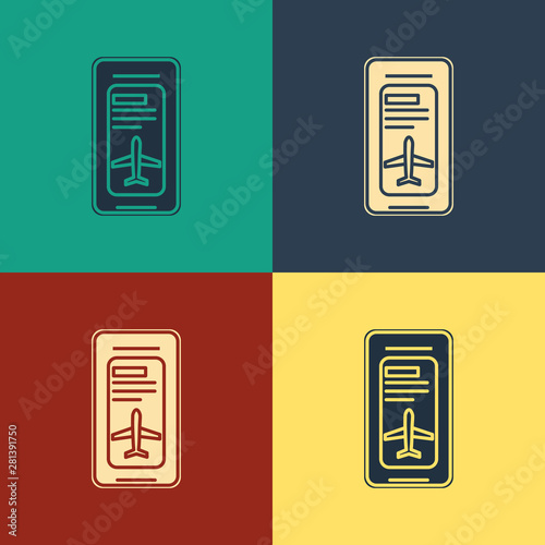 Color Smartphone with electronic boarding pass airline ticket icon isolated on color background. Passenger plane mobile ticket for web and app. Vintage style drawing. Vector Illustration