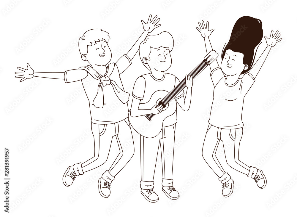 Teenagers friends smiling and having fun cartoon in black and white Teenagers friends smiling and having fun cartoon in black and white