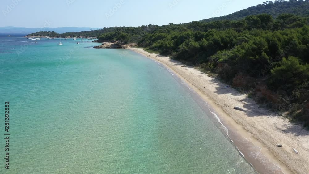 Aerial view of Porquerolles island in National park of Port Cros, view of Notre Dame Beach Aerial view of Porquerolles island in National park of Port Cros, view of Notre Dame Beach